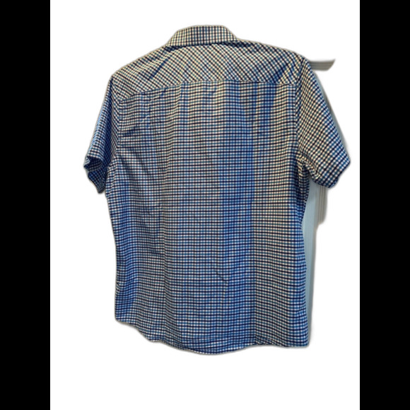 Untuckit Shirt Mens Large Navy Blue Teal Check Short Sleeve Slim Fit Manzanilla - Picture 9 of 9